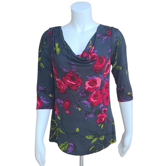 WESTON WEAR ANTHRO Cowl Neck Blouse S Top Shirt Watercolor Floral Gray Draped - Picture 10 of 13